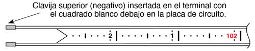 clavija superior (negativo) insertada en el terminal con el cuadrado blanco debajo en la placa de circuito impreso