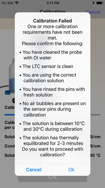 los resultados de la calibración de la conductividad del borde levelogger 5 solinst ltc se aprobaron con android