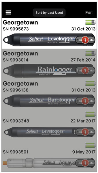 pantalla de inicio de la aplicación solinst levelogger 5 para ios