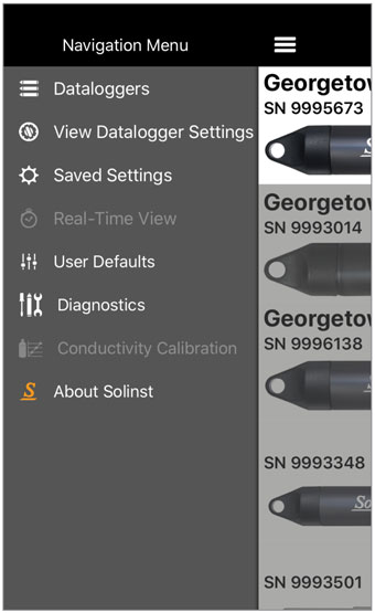 menú principal de la aplicación levelogger de solinst para ios