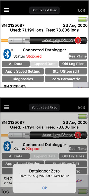 configuración de datos barométricos cero en la aplicación solinst levelogger para ios