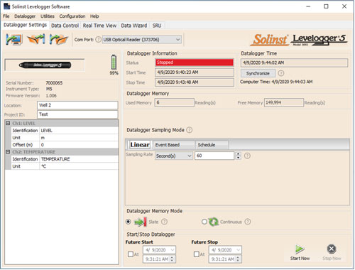 pestaña configuraciones del datalogger