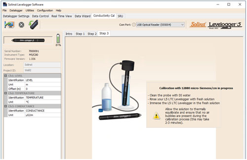 paso 3 del asistente de calibración de conductividad del levelogger (ejemplo de la ventana de calibración con una solución de 12.880 µS/cm)