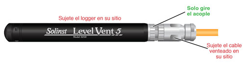 apriete el acople de acero inoxidable mientras sostiene fijamente el cuerpo del cable conector de acero inoxidable. apriete el acople de acero inoxidable hasta que se asiente. no retuerza el cable venteado ni el logger.