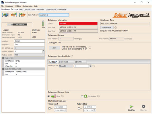 ventanas de configuración de software del aquavent 5