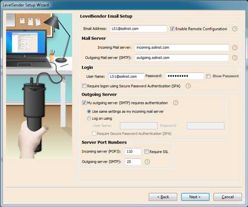 configuración de correo electrónico del software solinst levelsender 5