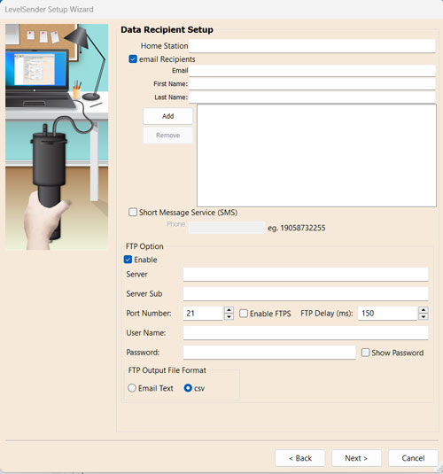 ventana de configuración del destinatario de datos del software solinst levelsender 5