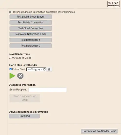 pantalla de diagnóstico de solinst cloud levelsender