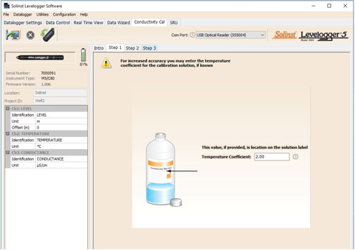 figure 6 3 étape 1 de l'assistant d'étalonnage de la conductivité du levelogger