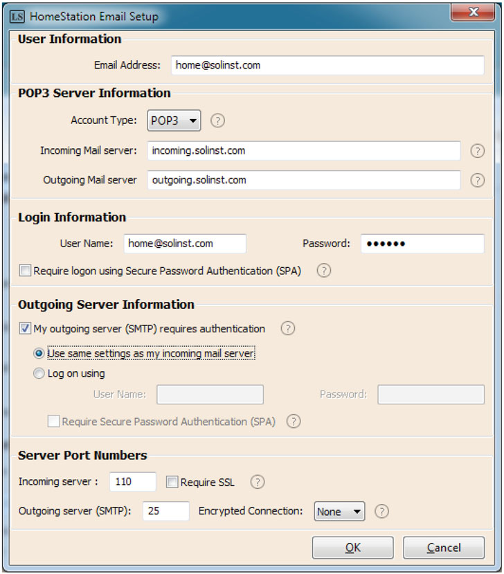 configuration du compte de messagerie de la station de base solinst levelsender home station