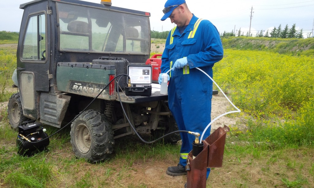 bladder pump sampling setup at the newalta stoney creek landfill