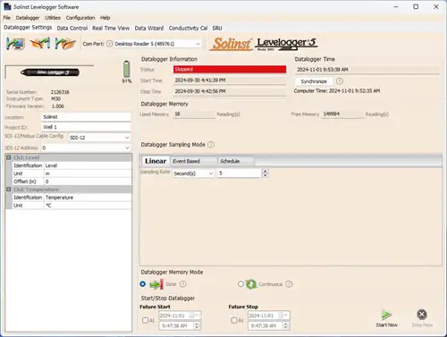 solinst levelogger water level datalogger settings window