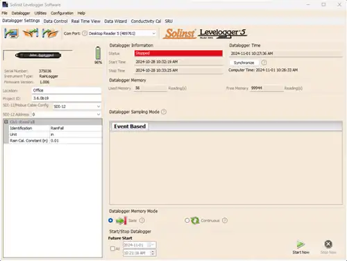 solinst rainlogger rainfall datalogger channel setup screen in levelogger software