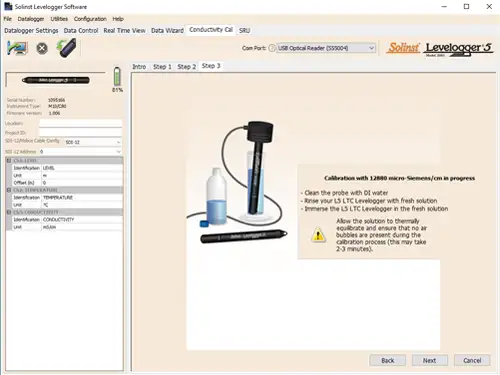 figure 6-5 ltc levelogger calibration wizard step 3 (example of window calibrating with 1413 μs/cm solution)