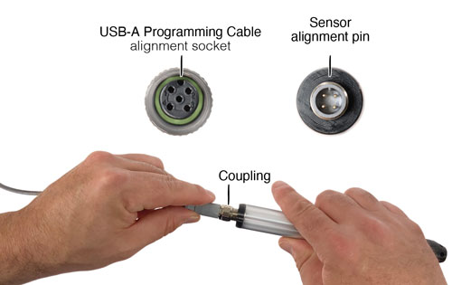 connecting the usb a programming cable to the top of the solinst water level temperature sensor