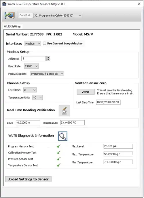 water level temperature sensor wlts pc software utility diagnostic information