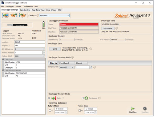 dataloggers settings tab - aquavent