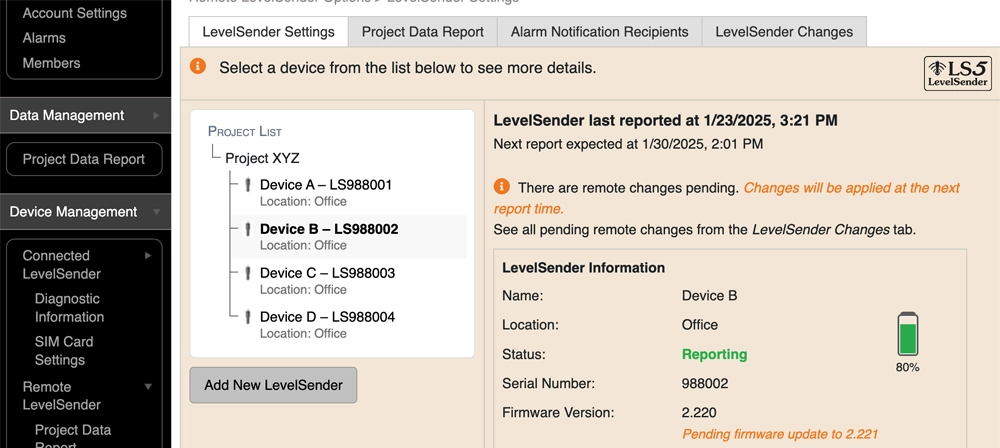 figure 5-17 levelsender settings – remote firmware update pending