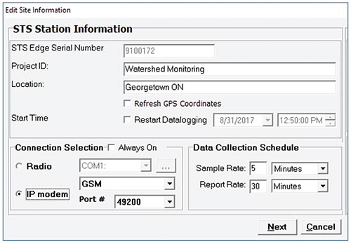 solinst sts telemetry system edit site information window