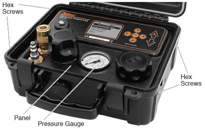 electronic pump control unit with pressure gauge and hex screws indicated