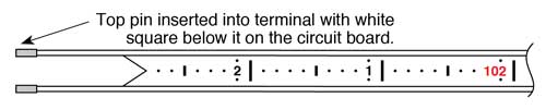 top pin inserted into terminal with white square below it on the circuit board