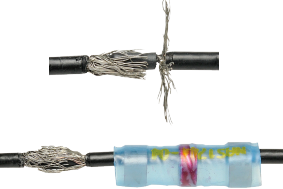 sheild wires placed over the activated heat shrink on the 102 coaxial wate level meter cable splice